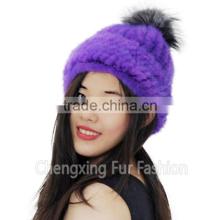 CX-C-239R Spring/Winter Lady Mink Fur Knitted Hat With Genuine Fox Fur Pom Poms