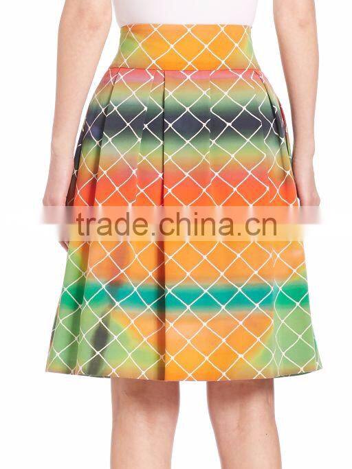 2016 Alibaba Express Multi Color A-line High-Rise Waist Pleated Cotton Net-Print Midi Knee Length Skirt