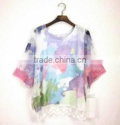 2015 latest lace with digital print design sweater