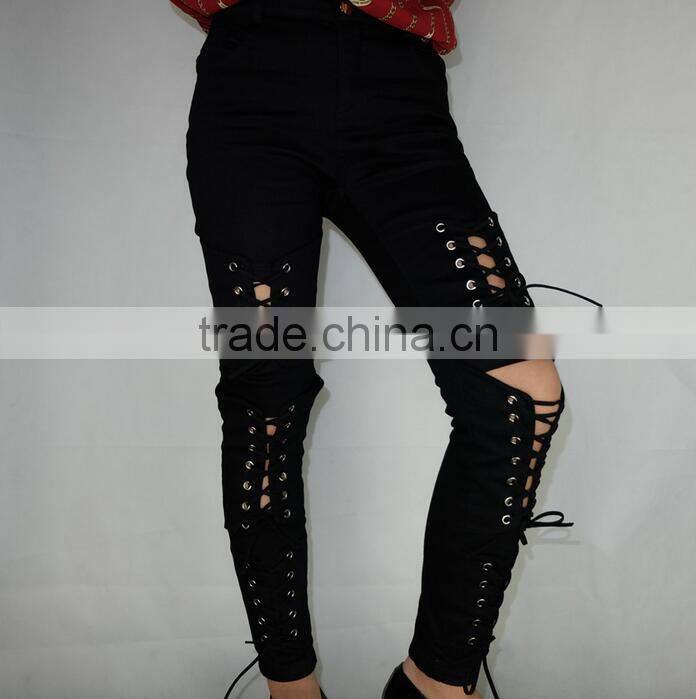 M1192 Runwaylover hollow cross bandage tight pants autumn demin pants
