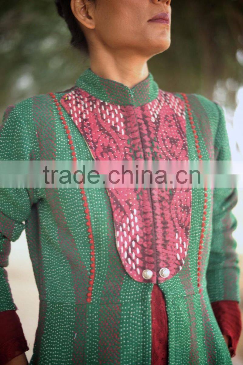 Vintage Kantha Long Jacket in Beautiful Viridian Green and Dull Red ~ Small