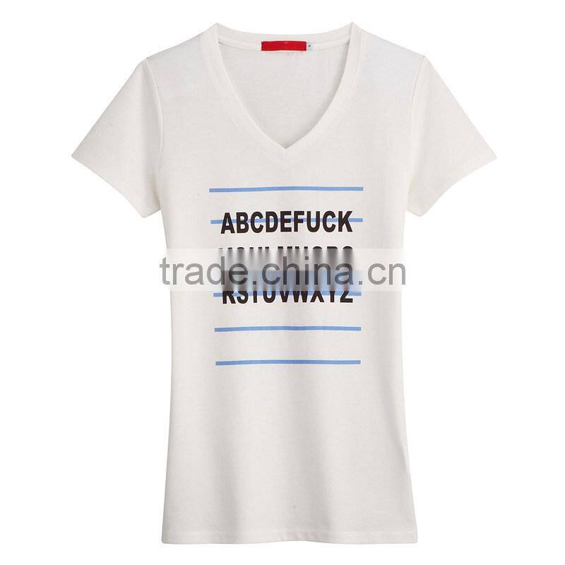 v neck cotton ladies short sleeves t shirt in white color