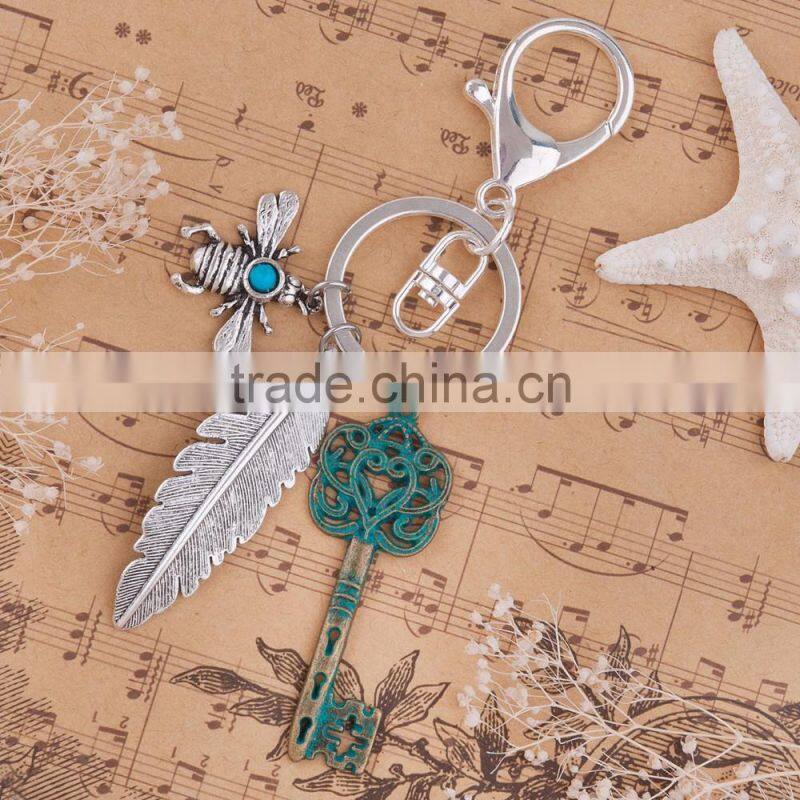 All types Of Personalised Silver Plated Bee Feather Key Vintage Patina Keychain Wholesale