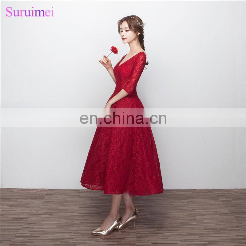 Wine Red Bridesmaid Dresses with Half Sleeves V Neck Corset Lace Up Tea Length Brides Maid Dress Vestidos De