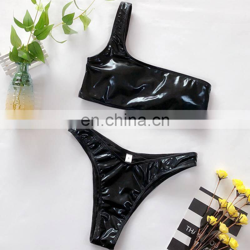 One Shoulder Bikini Shiny PU Leather Swimsuit Women Neon Swimwear Brazilian Biquini High Cut Sexy Bathing Suit Bikini Women