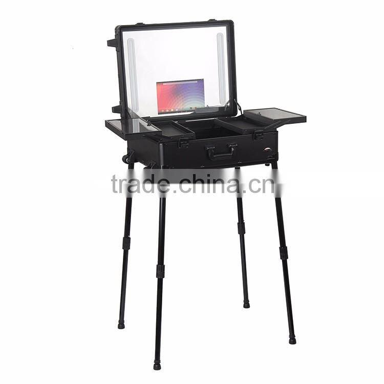 high quality professional cosmetic case aluminum trolley makeup case with light