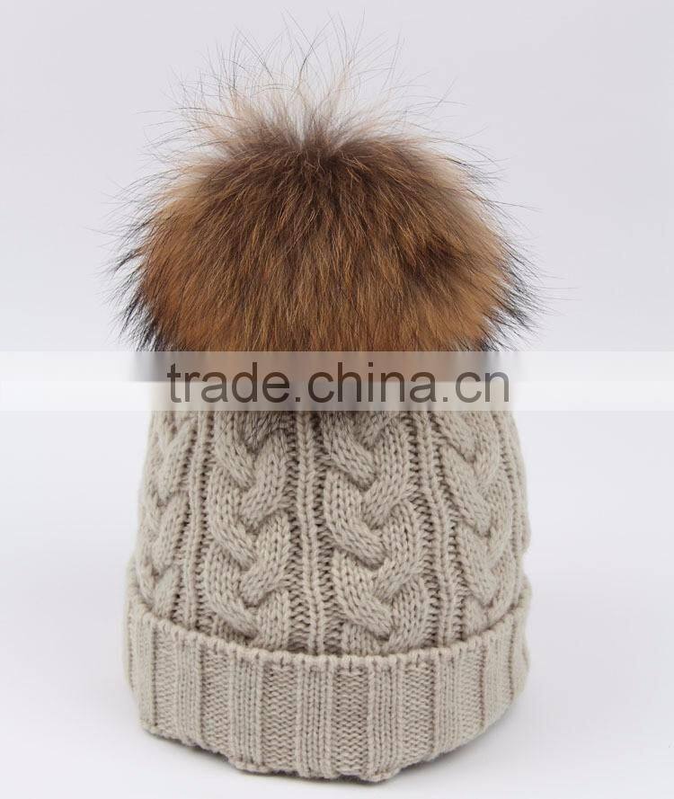 Custom Wool Knitted Racoon Fur Pom Pom Beanie Hat