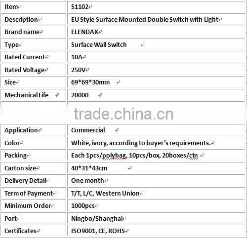 EU Style Surface Mounted Double Light Wall Switch (S1102)