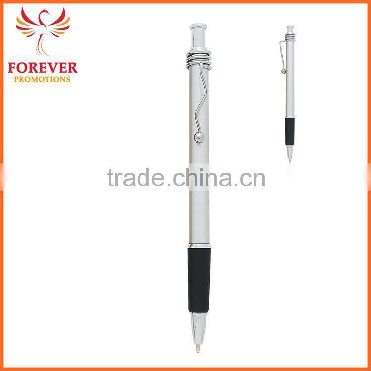 Exhibition Conference Custom Wired Clip Plunger Action Ballpoint Pen With Rubber Grip Ball Pen Supplier
