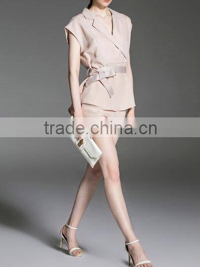Two-piece-outfits latest fashion design women clothing Apricot V Neck Top With Pockets Shorts