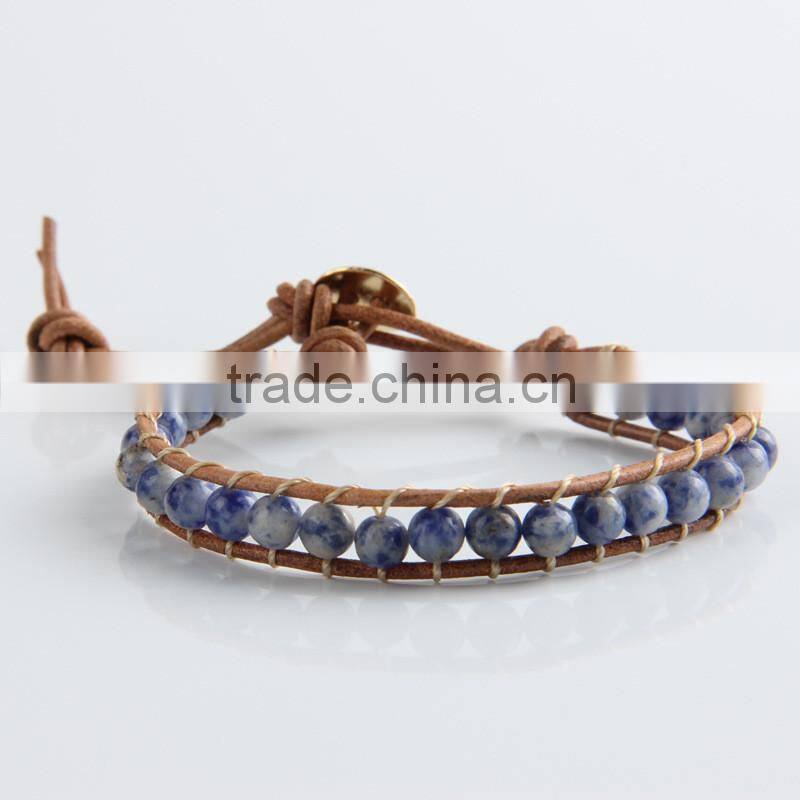 Newest popular white &blue stone leather bracelet woven lap 6 mm wear bracelet all hand needle for women chain bracelet