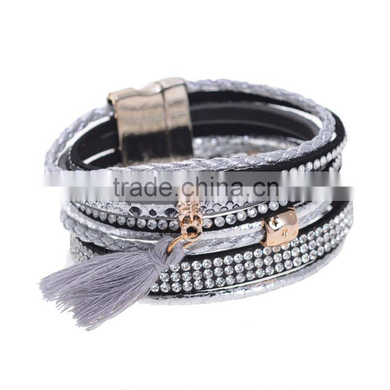 New Tassel Crystal Leather Bangle Fashion Rhinestone Wrap Leather Bracelet Multilayer bangles