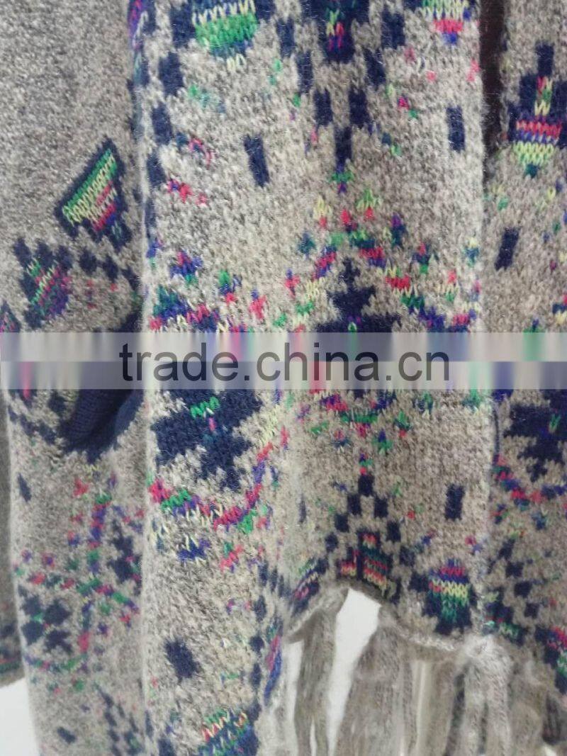 Ladies elegant multi color knitted cardigan with fringes