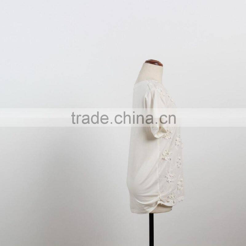OEM softextile white top shirt girl woman short sleeves emibroidery flower fashion plain shirt