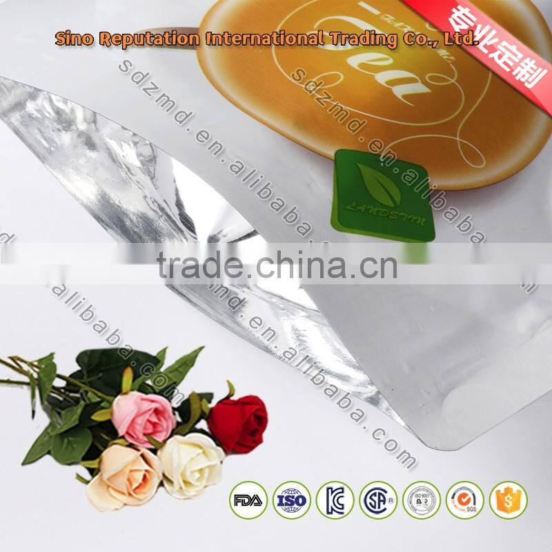 Hot selling laminated plastic tea packaging heat zipper top bag / stand up pouch