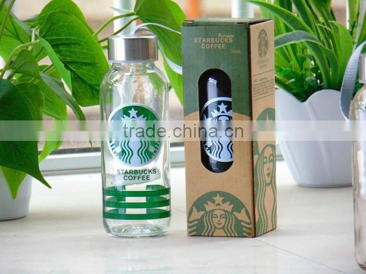 Starbucks glass energy drink water bottle 300ml with metal lid wholesales
