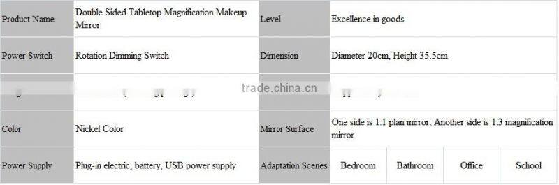 High quality metal electric magnifying desktop makeup mirror, double sides cosmetic mirror