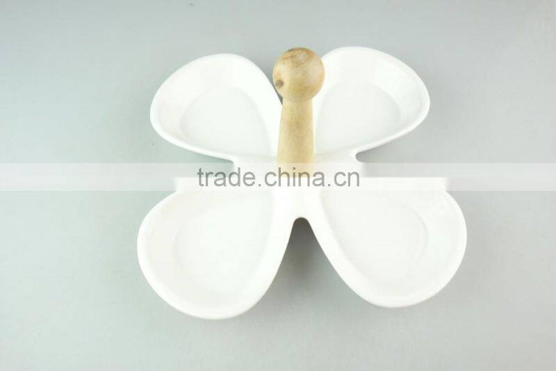 Snack white ceramic plate dinnerware plates flower shaped with wooden handle