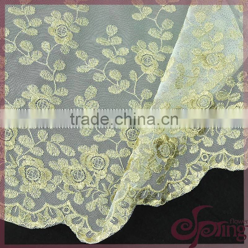 Floral gold metallic yarn embroidered tulle fabric, elegant tulle lace fabric