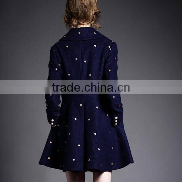 Women European Style Polka Dot Long Sleeve Tailored Collar Slim and Flare mid-long winter worsted coat