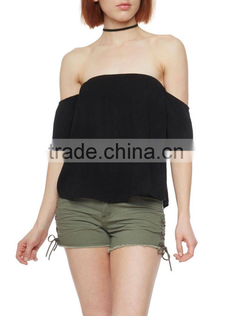 Women T-Shirts, Clothing Women, Black Off the Shoulder Crinkle Knit Top