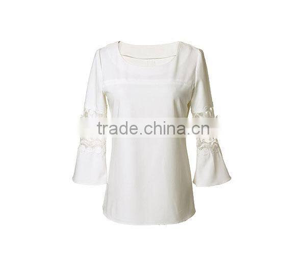 trendy fashion lace sleeve pure white sexy party blouse