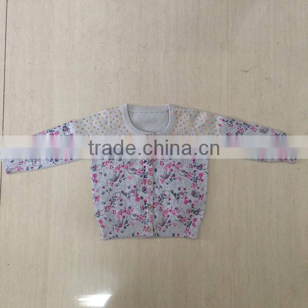 Girl's cotton printing cardigan sweater with hotfix rhinestone