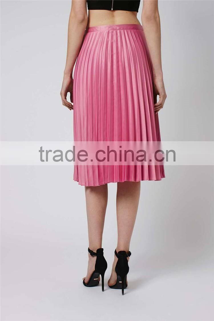 Hot Sale Shinning Petite Satin Pleat Midi Skirt Summer Skirt Ladies Plain Pink Zip Up Skirt