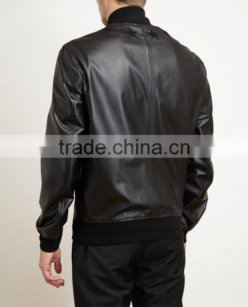 High Quality Men's PU Leather Ribbing Collar and Bottoms Warm Jacket