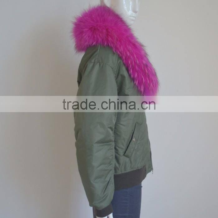 Myfur Customized Polyester MA1 Bomber Jacket with Detachable Dyed Raccoon Fur Collar for Women