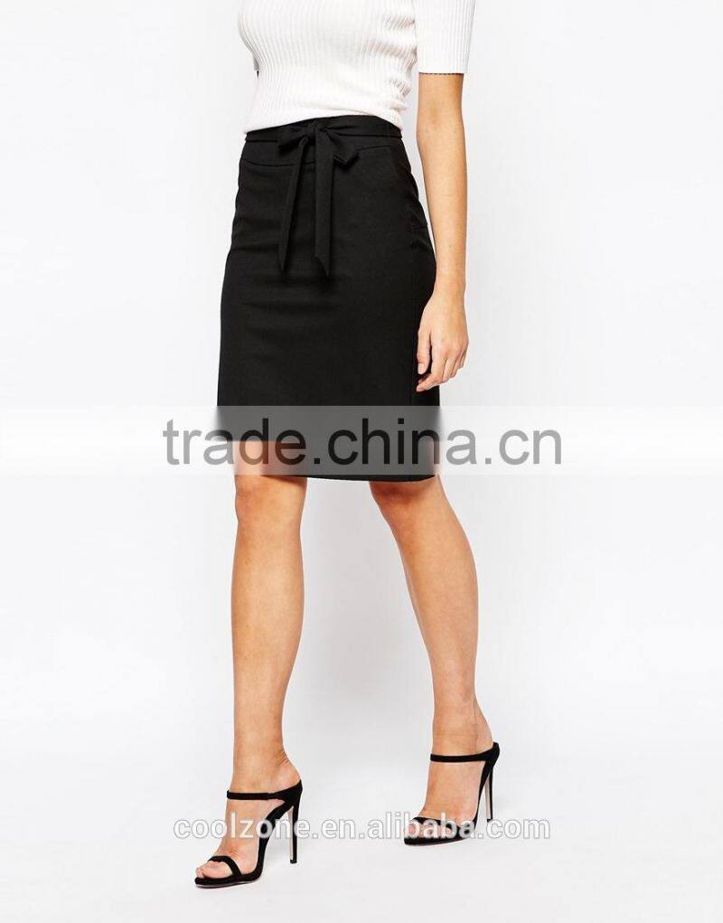 Fashion ladies office uniform design tie waist pencil skirt