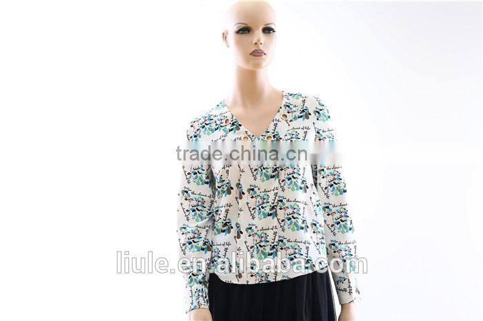 Ladies new summer fashionable printed V neck design long sleeve blouse