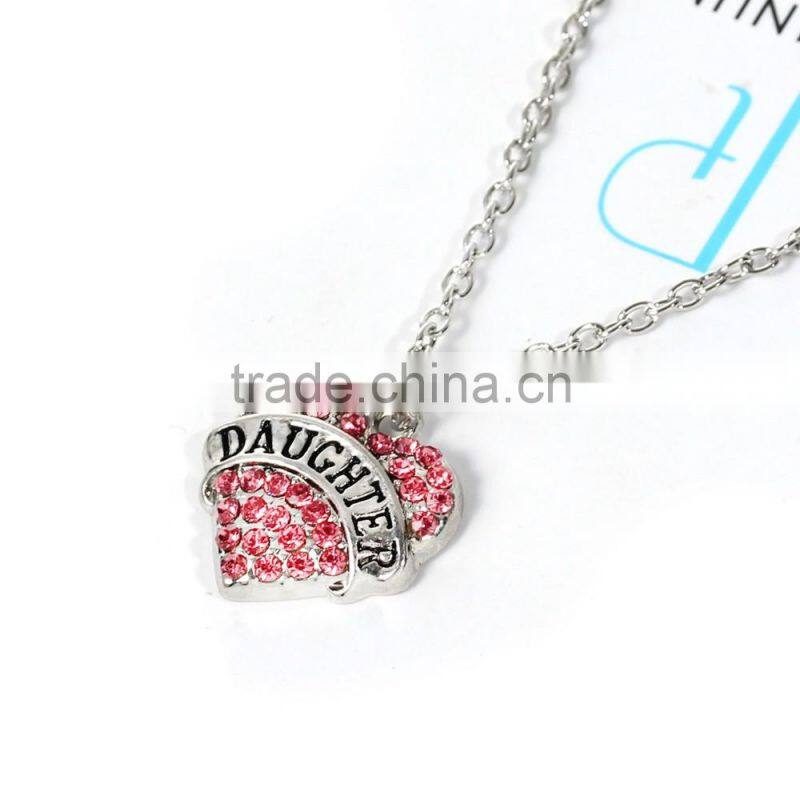 New Fashion Silver Tone " DAUGHTER " Carved Heart Pendant Pink Rhinestone Link Cable Chain Necklace