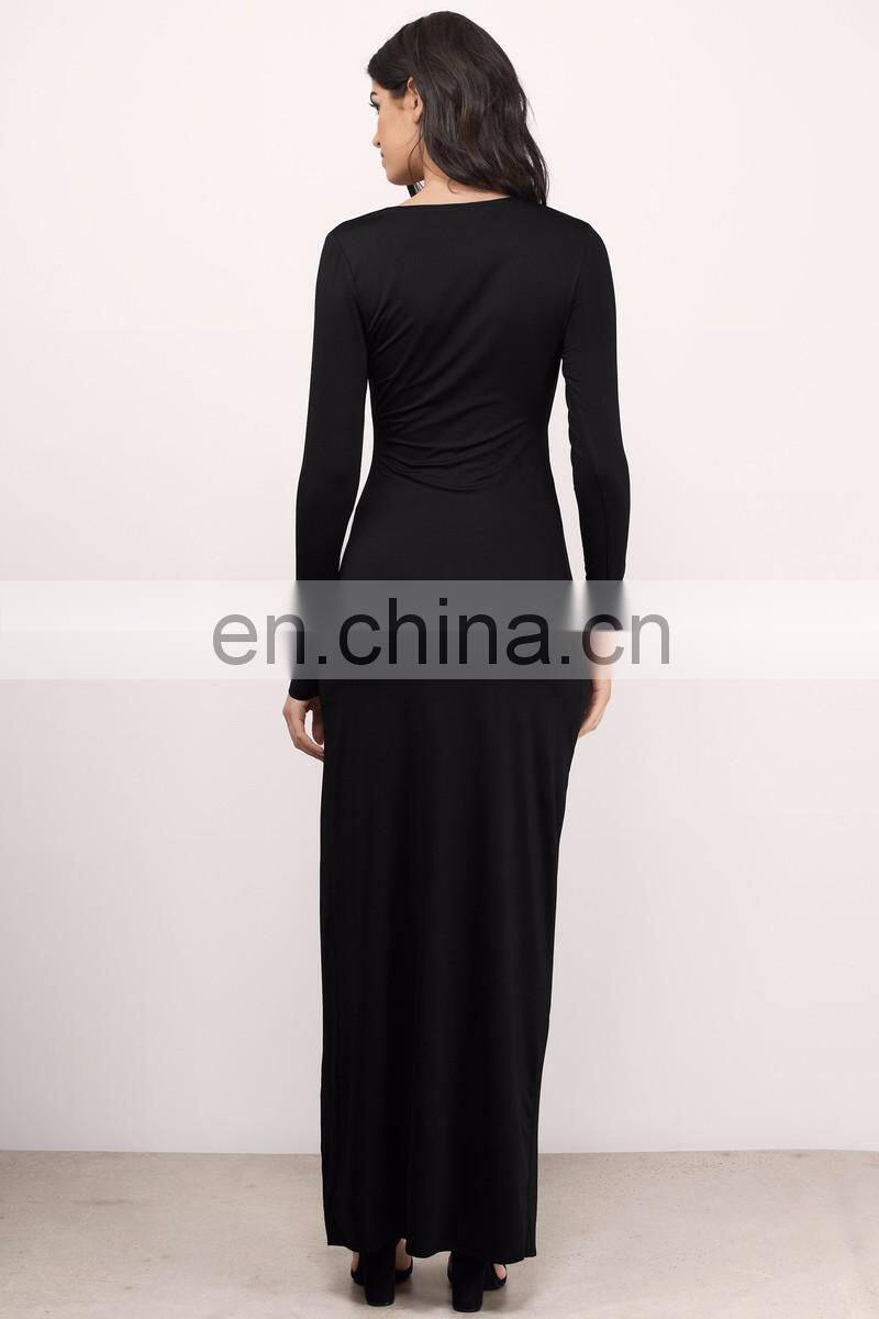 Elegant Plain Long Sleeve Shift Maxi Dress with Front Slit and Cut Outs