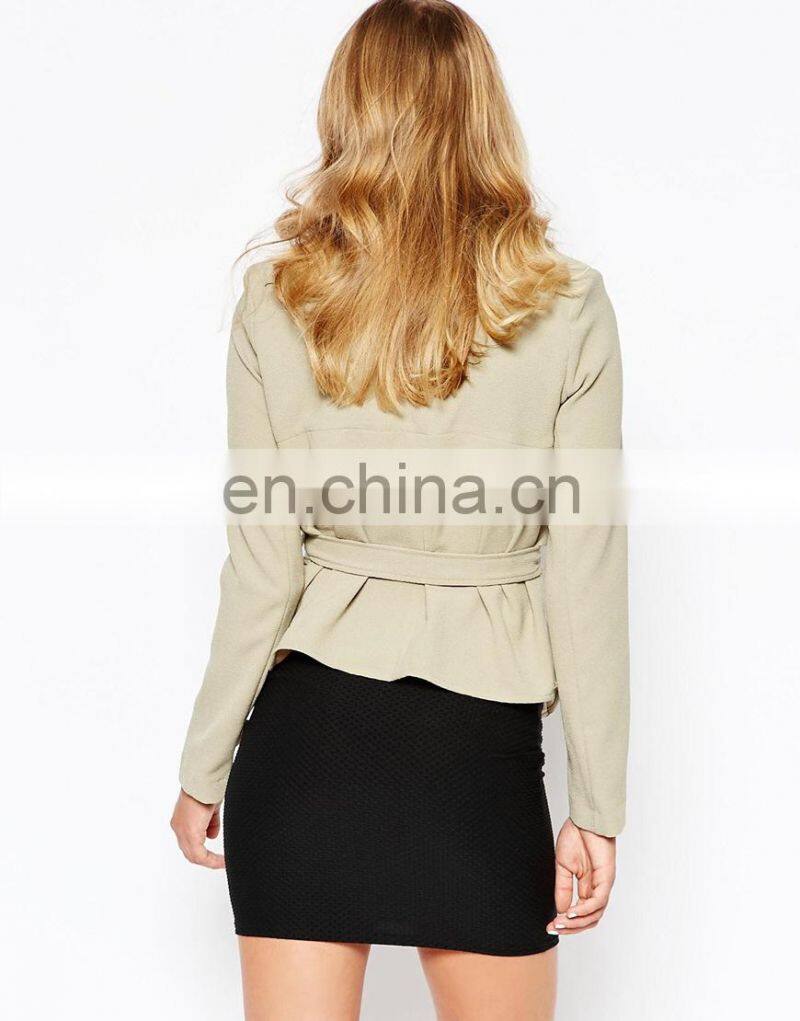 New Arrival Yoke overlay with Self-tie Waist Belt Drape Waterfall Lady Jacket