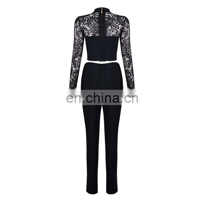 Amigo 2017 new design two piece sexy party wear bandage pants suit with long sleeve lace dew chest crop top and bodycon trouser