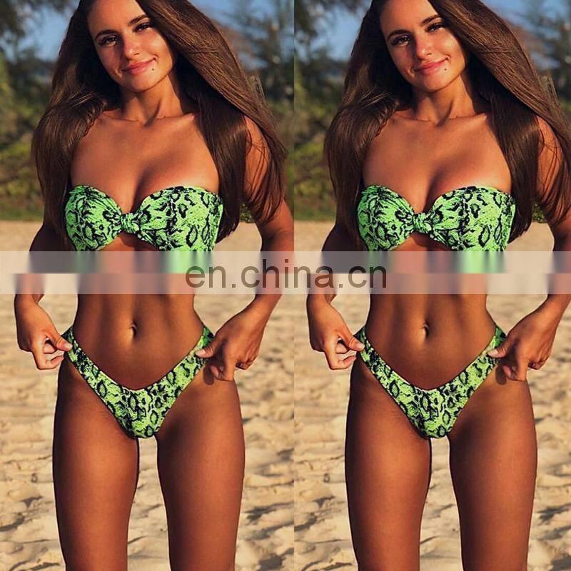 2019 Sexy Snake Print Bandeau Bikini Set Women Wrapping Bow Off Shoulder Strap Mujer Two Piece Padded Swimsuit Biquini