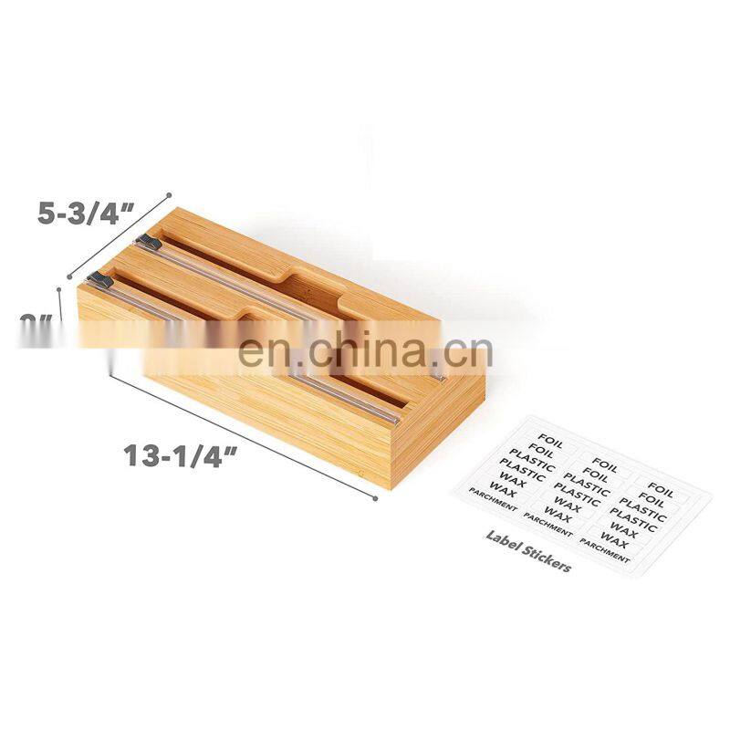 Wrap Dispenser with Cutter and Labels Plastic Wrap Aluminum Foil and Wax Paper Dispenser for Kitchen Drawer Bamboo Roll Organize