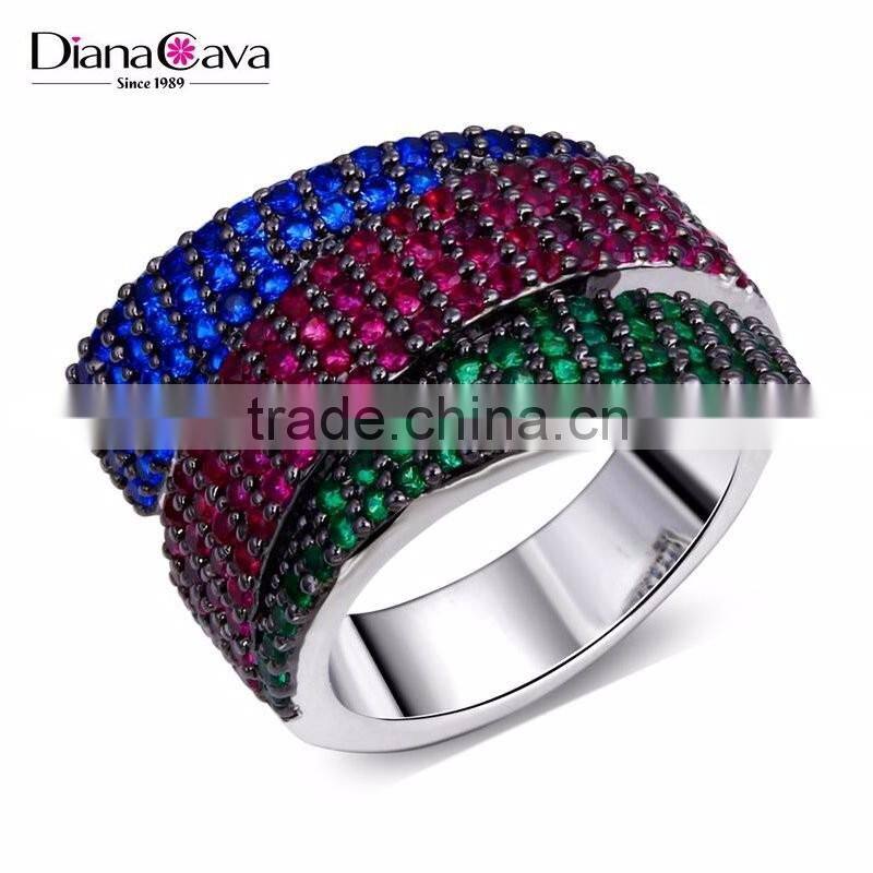 Unique 3 Strips Colorful Cubic Zirconia Siam Emerald Montana Cocktail Party Ring