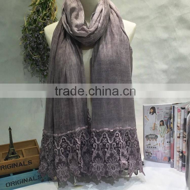 High Grade Newest Embroidery Lace Brim Plain Cotton Linen Muslim Long Scarf