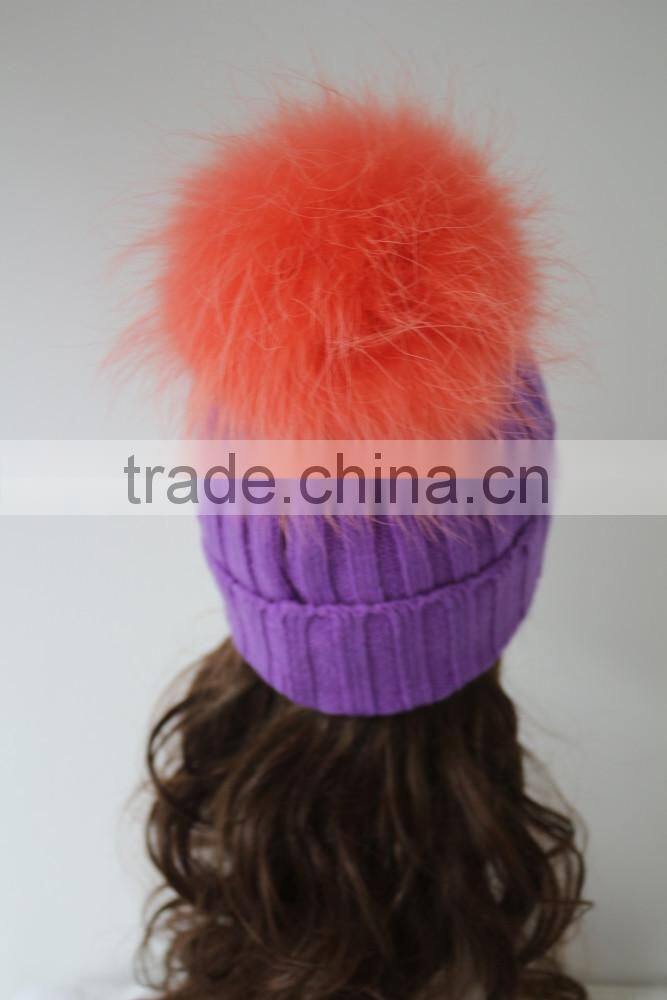 Big Dyed Orange Raccoon Fur Ball With Knit Rib Beanie Purple Cap Fluffy Fur Pompom Knitted Wool Hat