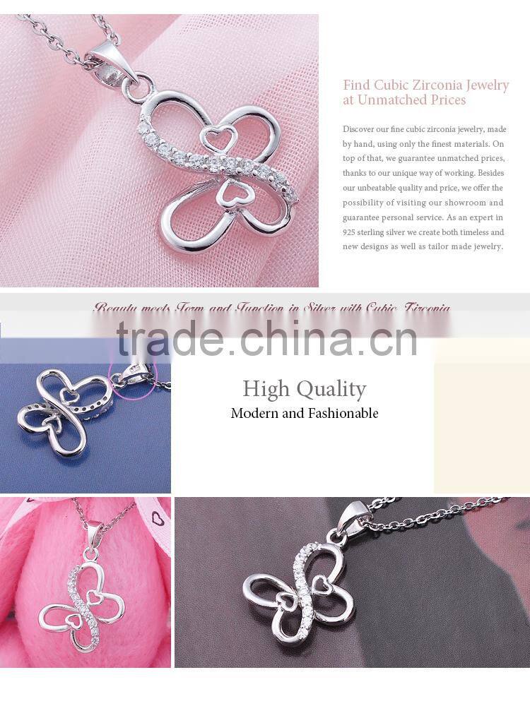 Womens 925 Sterling Silver CZ Pave Rhodium Plated Butterfly Pendant Necklace