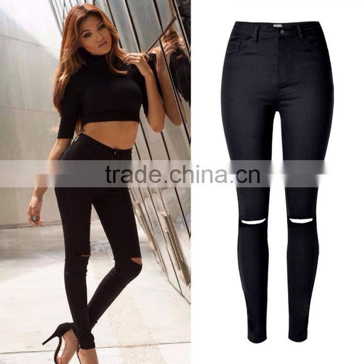 Alibaba China 2016 Summer Fashion Women Black High Waist Leggings Ladies Knee Holes Pencil Skinny Ripped Jeans Wholesale Price