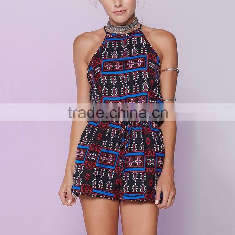Newest clubwear spaghetti strap geomtrical print woman sexy short jumpsuits