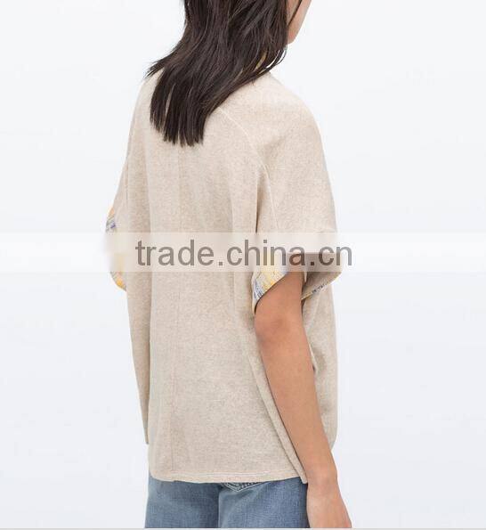 Custom Fashion Knit Casual Women tshirt With Trimming Fabric Pathwork