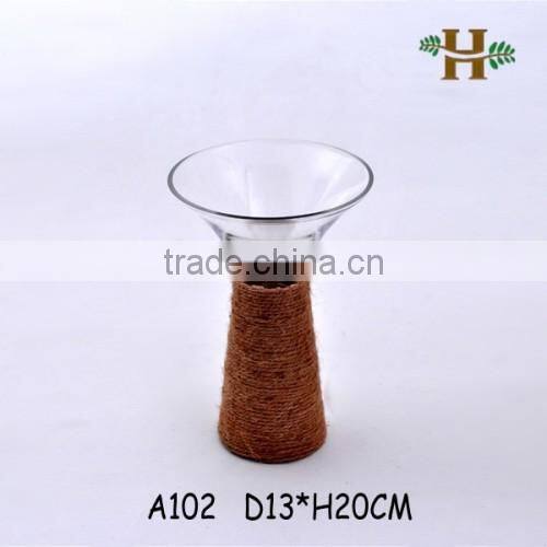 Half Rope Decoration Clear Trumpet Glass Vase