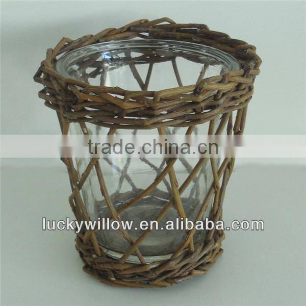 wholesale small round wicker basket with glass bottle candle holder