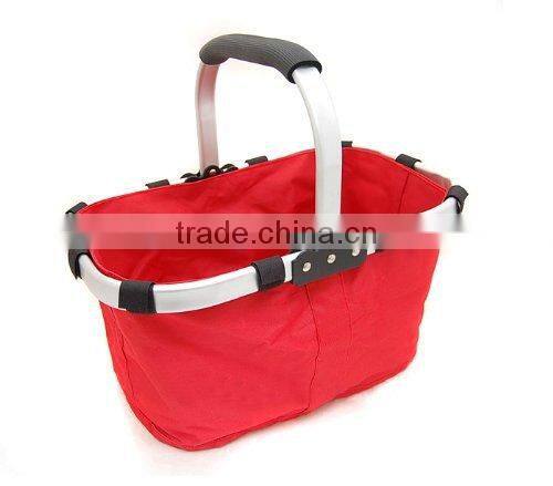 Fabric Lightweight Foldable Picnic Tote Basket, with Collapsible Aluminum Alloy Frame and Inner zippered pocket, red (CBS031)