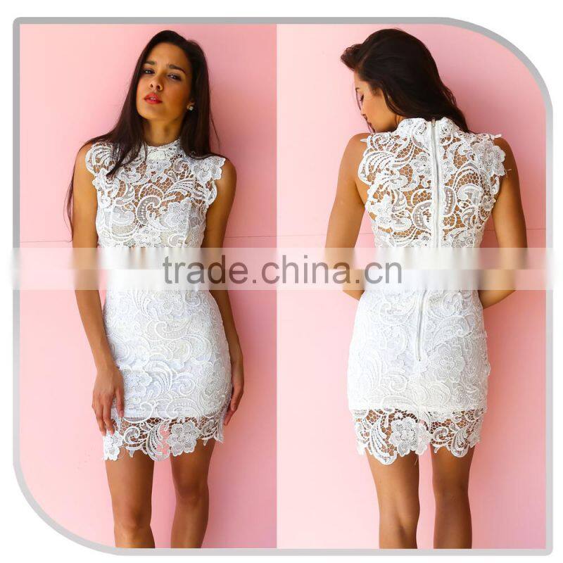 2016 hot selling beautiful lady one piece white crochet summer midi bodycon dress with back zipper