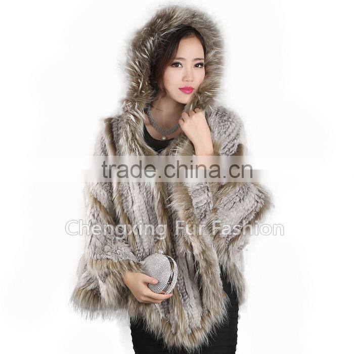 CX-B-95B Wholesale Instant Cape For Women/ Hooded Rabbit & Raccoon Fur Cheap Winter Shawl